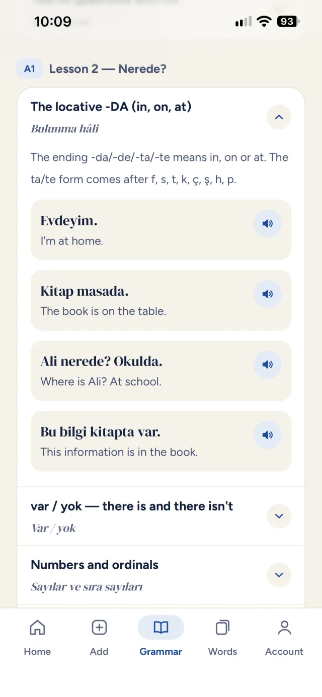 A grammar lesson on the locative -DA with audio examples