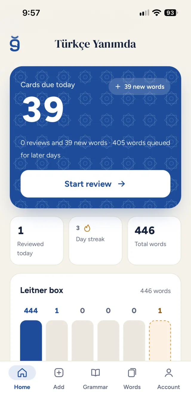 The home screen with today’s cards and the Leitner box