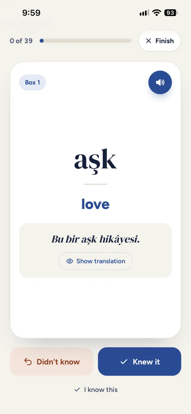 A word card with its meaning and an example sentence